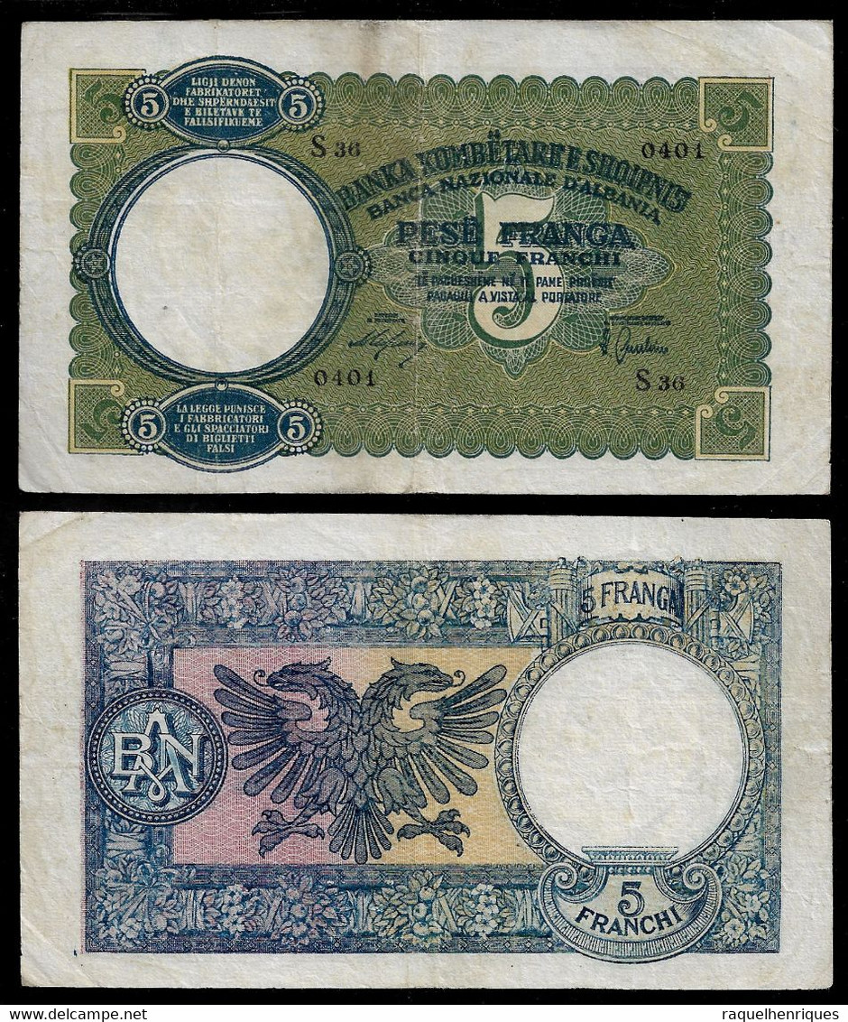 ALBANIA BANKNOTE - 5 FRANGA (1939) P#6a VF (NT#03) - Albania