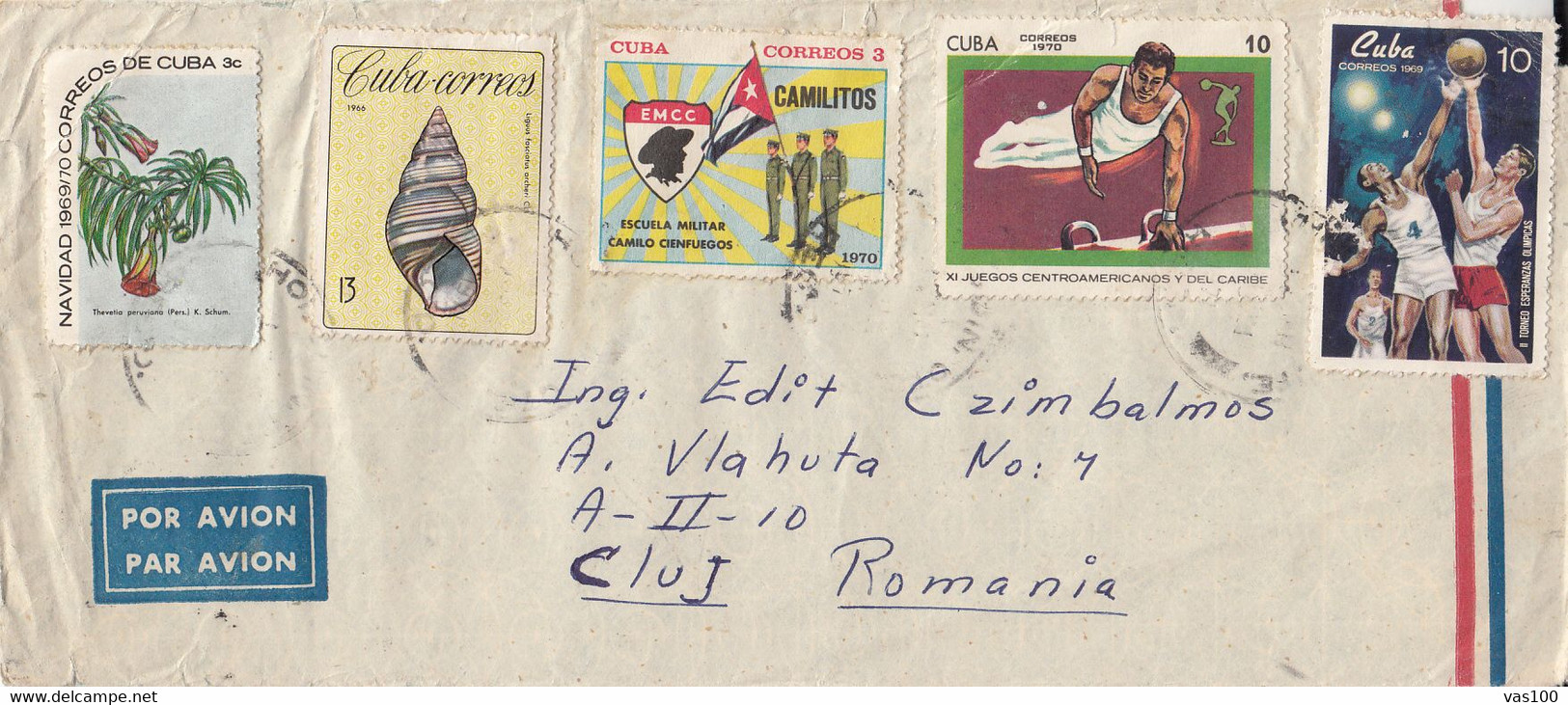 FLOWER, SHELL, MILITARY SCHOOL, GYMNASTICS, BASKETBALL, STAMPS ON COVER, 1970, CUBA - Storia Postale