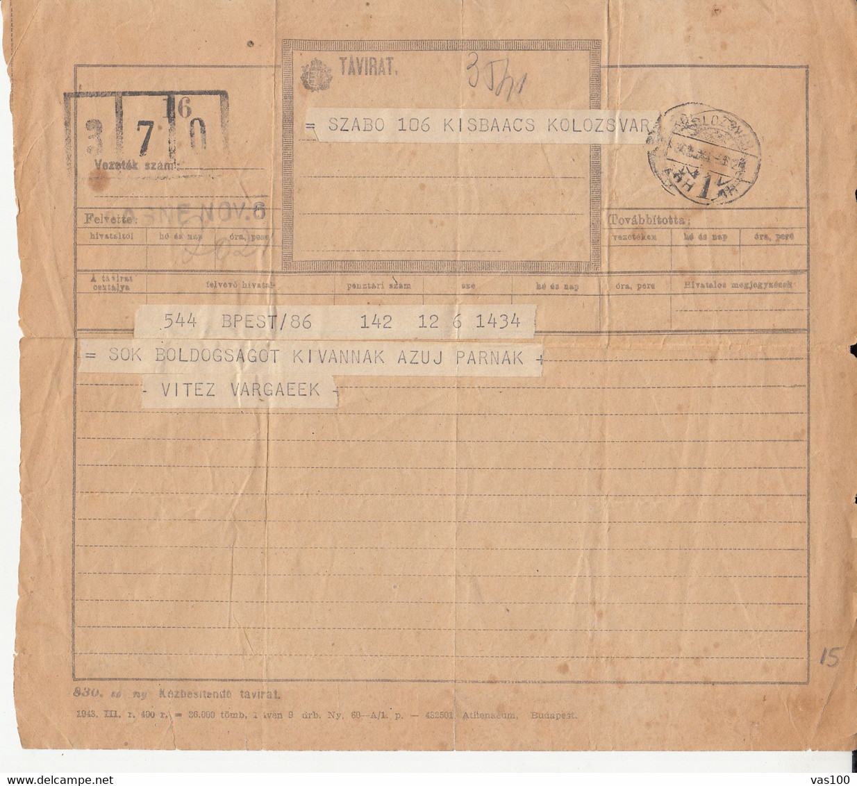 TELEGRAPH, TELEGRAMME SENT FROM BUDAPEST TO CLUJ NAPOCA, 1943, HUNGARY - Telégrafos