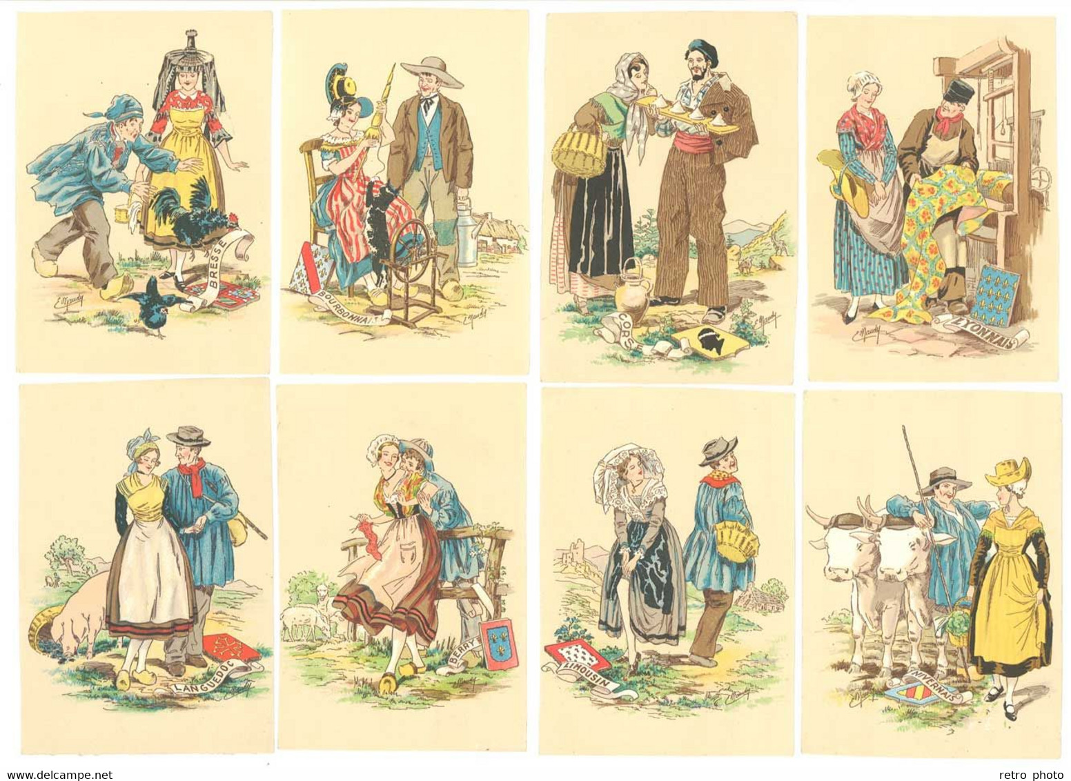 8 Cp Naudy , Barre-Dayez : Costumes Lyonnais, Corse, Bourbonnais, Bresse, Languedoc, Berry, Limousin, Nivernais ( état ) - Naudy