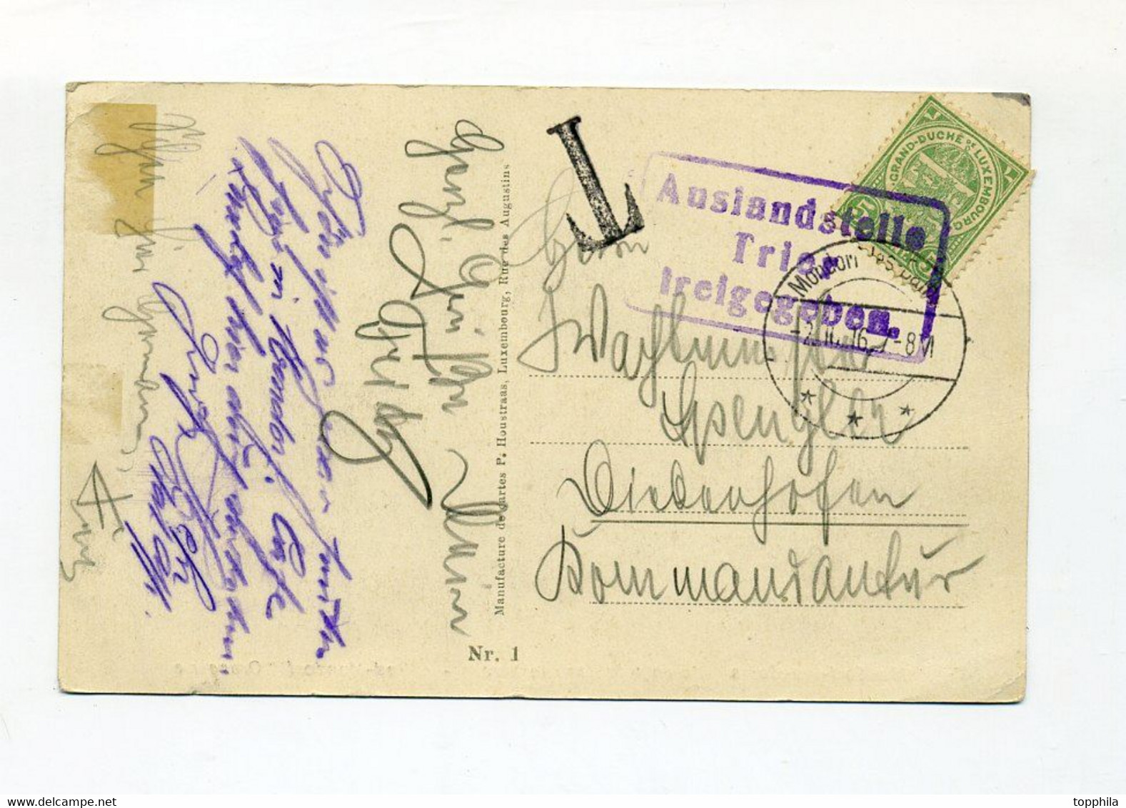 1916 Luxemburg S/W Karte Mondorf Les Bains EF Mi 87 Zensurstempel Auslandsstelle Trier - 1907-24 Scudetto