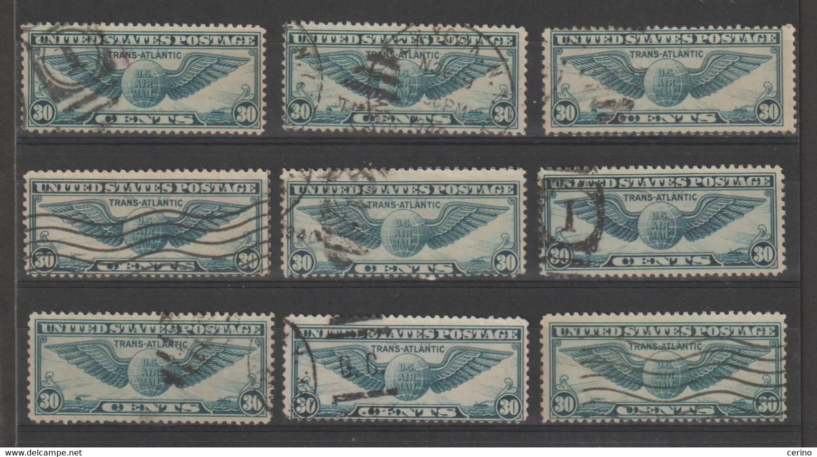 U.S.A.:  1939  AIR  MAIL  TRANS-ATLANTIC  -  30 C USED  STAMPS  -  REP.  9  EXEMPLARY  -  YV/TELL. 25 - 1a. 1918-1940 Gebraucht