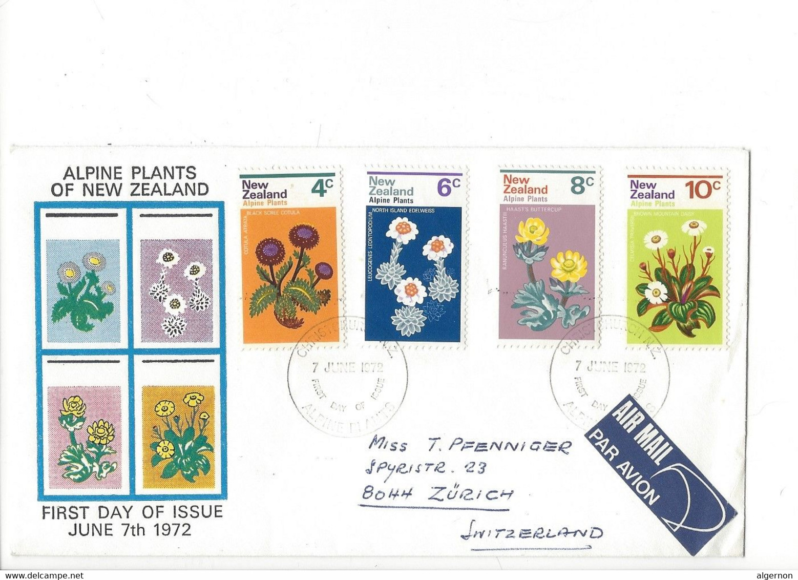 26935 - Cover Alpine Plants Of New Zealand First Day June 1972 Pour Zürich - Cartas & Documentos