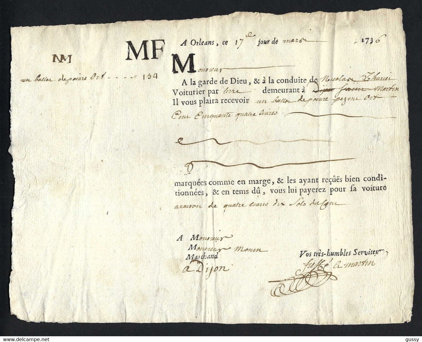 FRANCE 1736: Lettre De Voiture D'Orléans Pour Dijon - ... - 1799