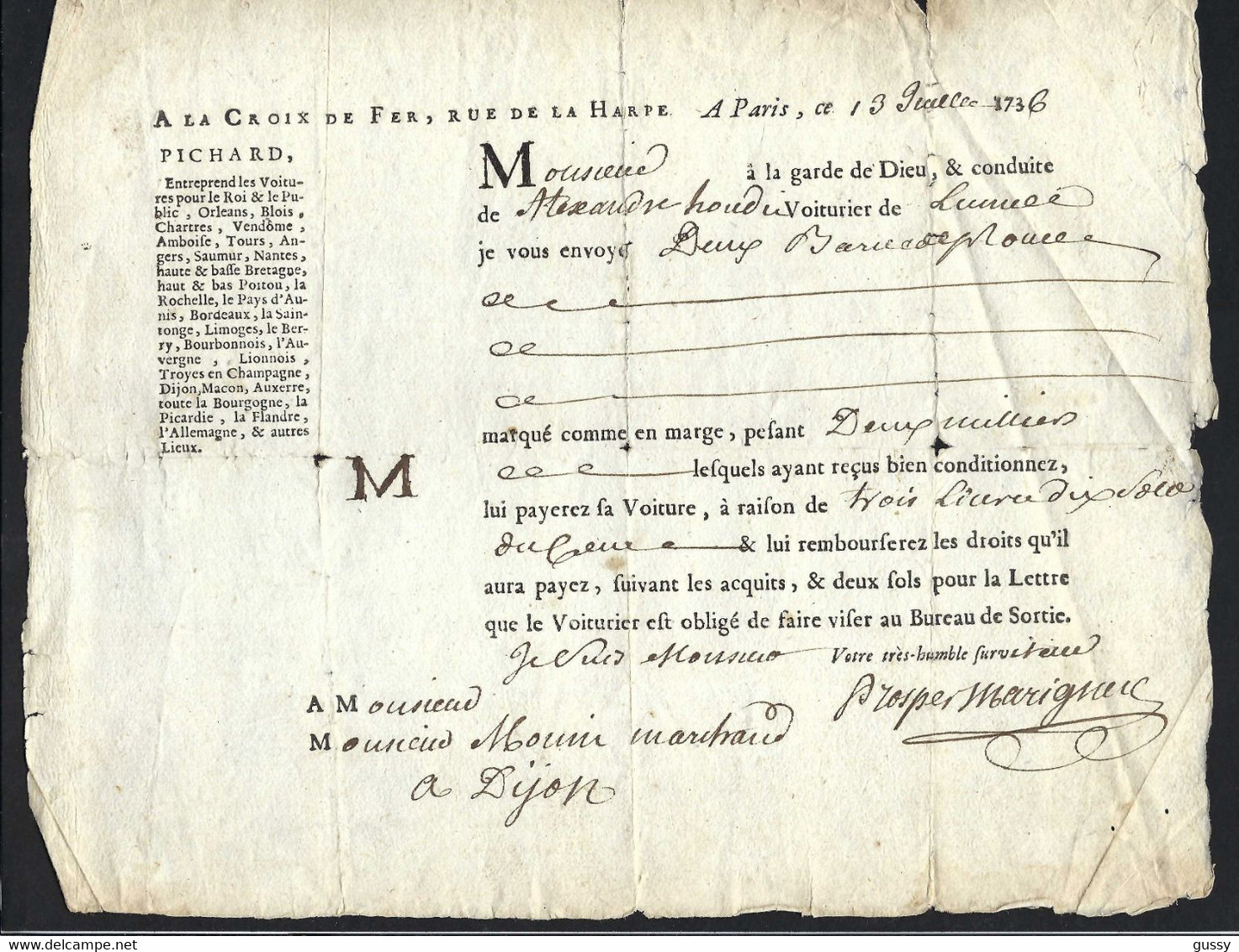 FRANCE 1736: Lettre De Voiture De Paris Pour Dijon - ... - 1799