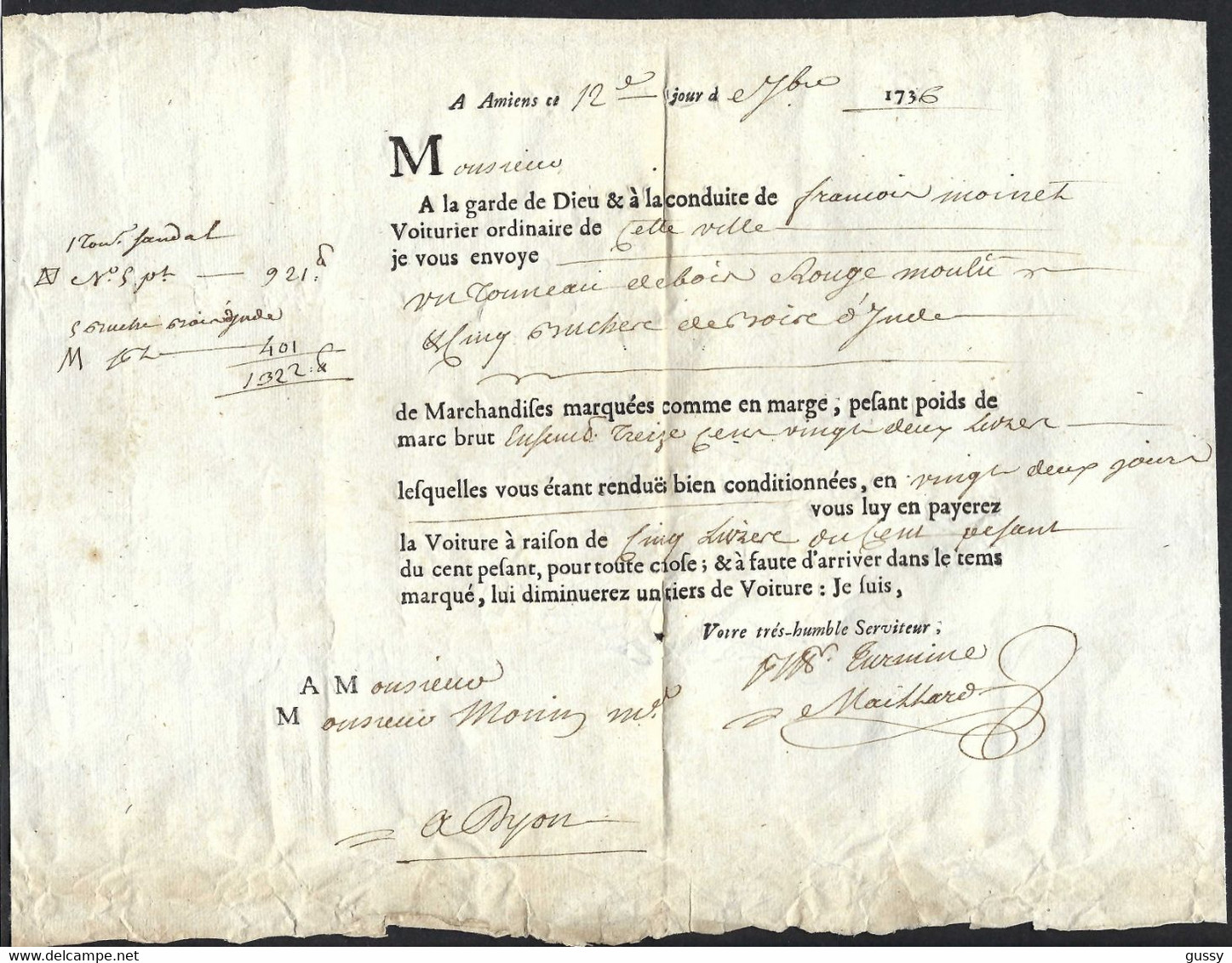 FRANCE 1736: Lettre De Voiture D'Amiens Pour Dijon - ... - 1799