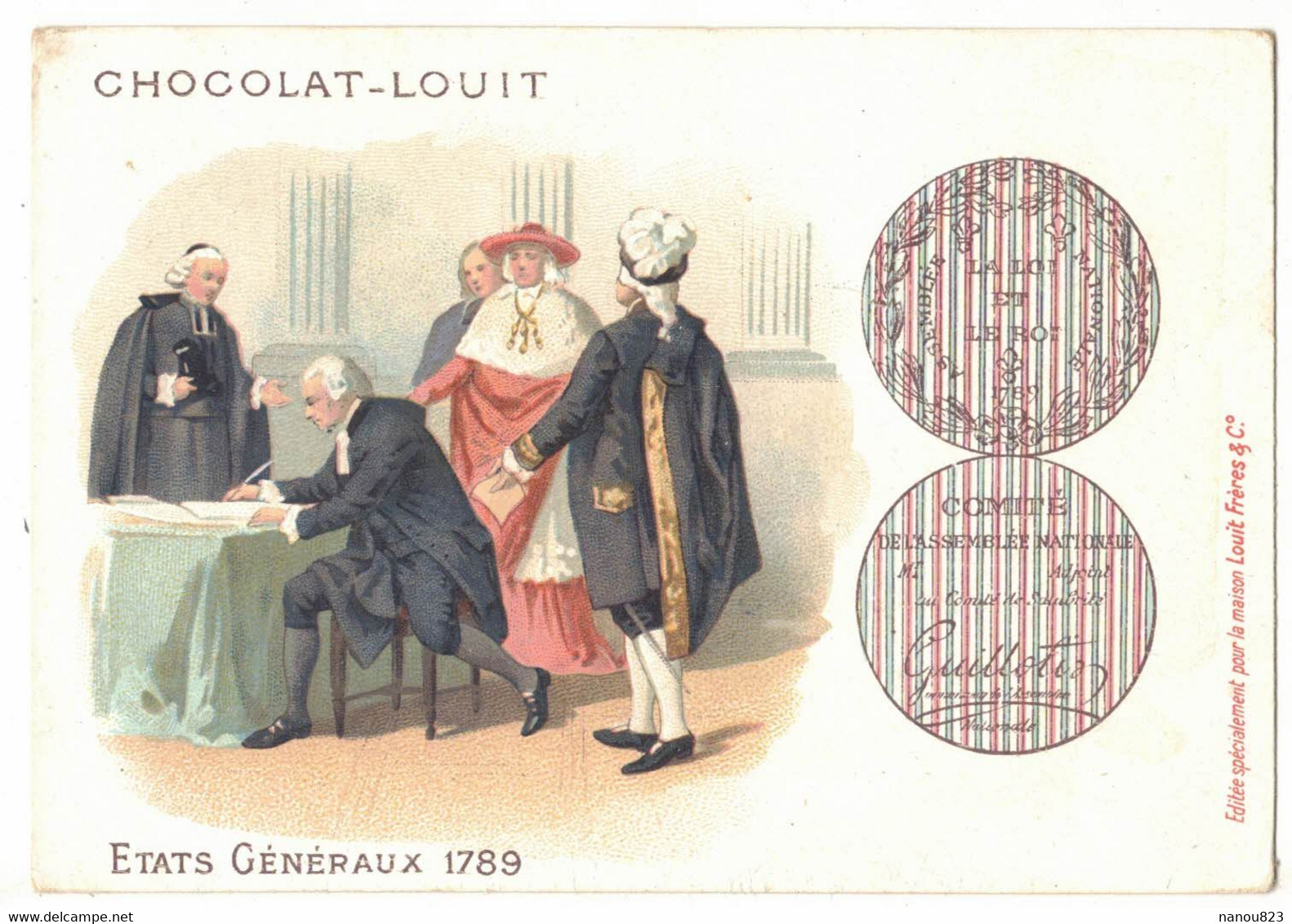 CHROMO PUBLICITAIRE CHOCOLAT LOUIT HISTOIRE DE FRANCE ETATS GENERAUX 1789 POLITIQUE LA LOI ET LE ROI ASSEMBLEE NATIONALE - Louit