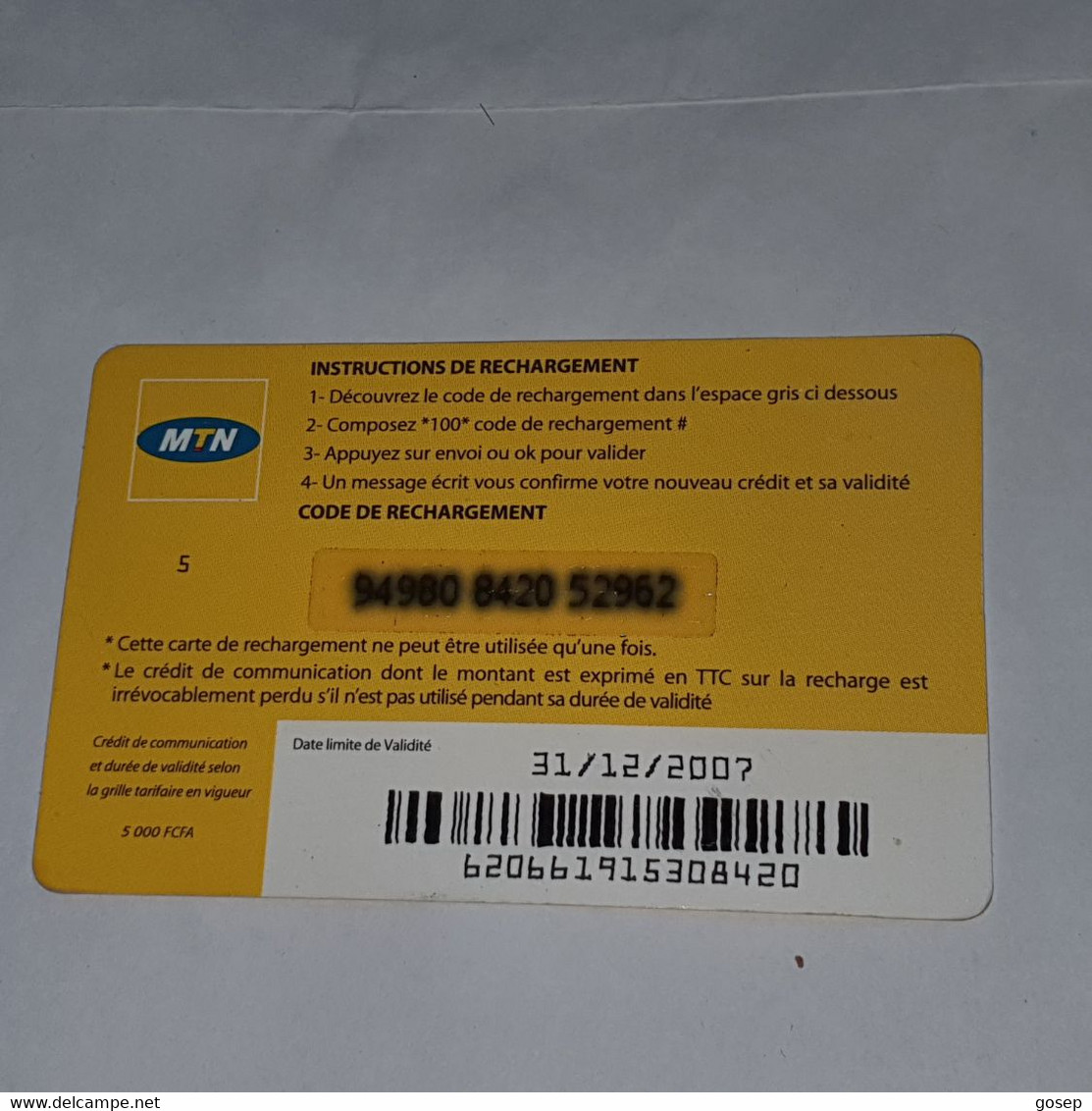 Ivory Coast-(CI-MTN-REF-0003A)-airtime-(12)-(5.000fcfa)-(94980-8420-52962)-used Card+1card Prepiad Free - Costa De Marfil