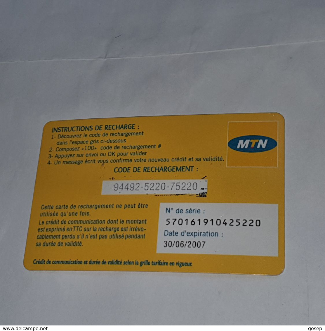 Ivory Coast-(CI-MTN-REF-0005)-mnt-(13)-(1.000fcfa)-(94492-5220-75220)-used Card+1card Prepiad Free - Ivory Coast