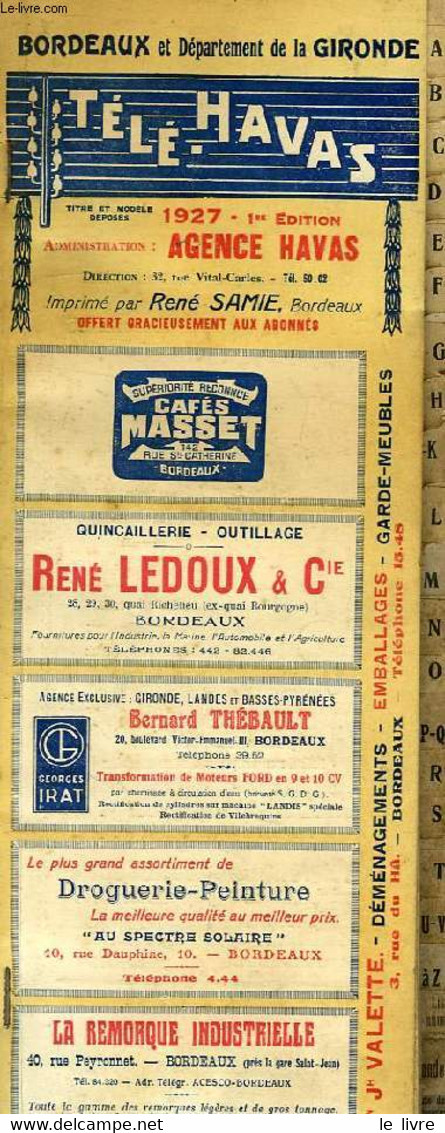 ANNUAIRE, BORDEAUX ET DEPARTEMENT DE LA GIRONDE, TELE-HAVAS - COLLECTIF - 1927 - Annuaires Téléphoniques