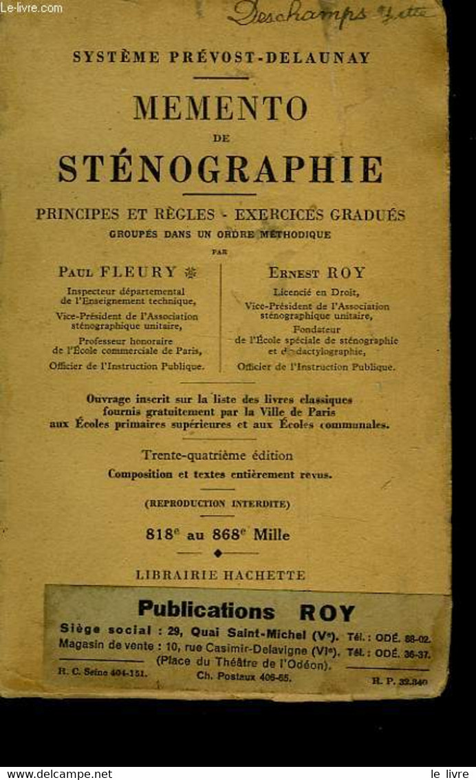 MEMENTO DE STENOGRAPHIE - FLEURY PAUL - ROY ERNEST - 1946 - Boekhouding & Beheer