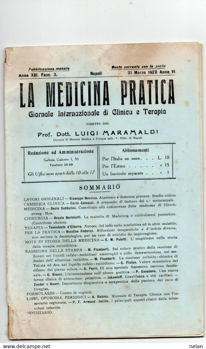 LOTTO 3 RIVISTE LA MEDICINA PRATICA - GIORNALE INTERNAZIONALE DI CLINICA E TERAPIA -  ANNO 1927 NOV. DEC. 1928 MARZO - Salud Y Belleza