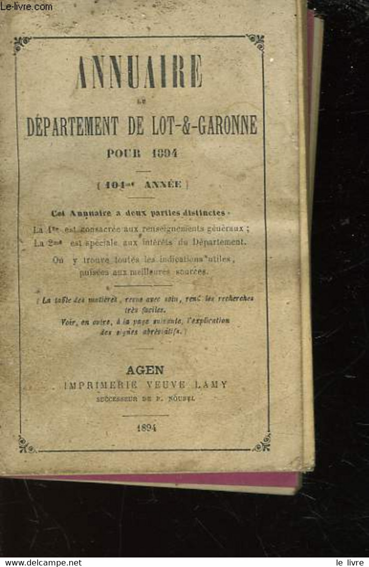 ANNUAIRE DU DEPARTEMENT DU LOT-ET-GARONNE POUR 1894 - COLLECTIF - 1894 - Telefonbücher