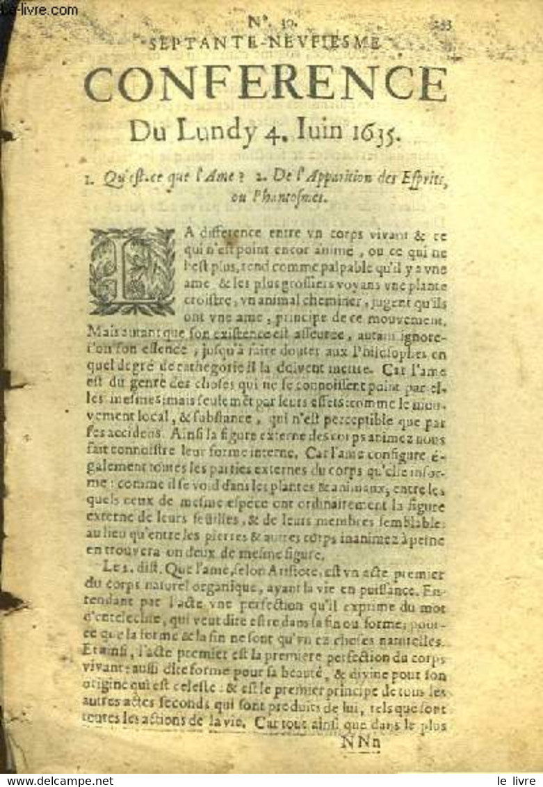 Septante-Neviesme Conference Du Lundy 4 Juin 1635. Qu'est-ce Que L'Âme ? - De L'Apparition Des Esprits Ou Phantosmes. - - Jusque 1700