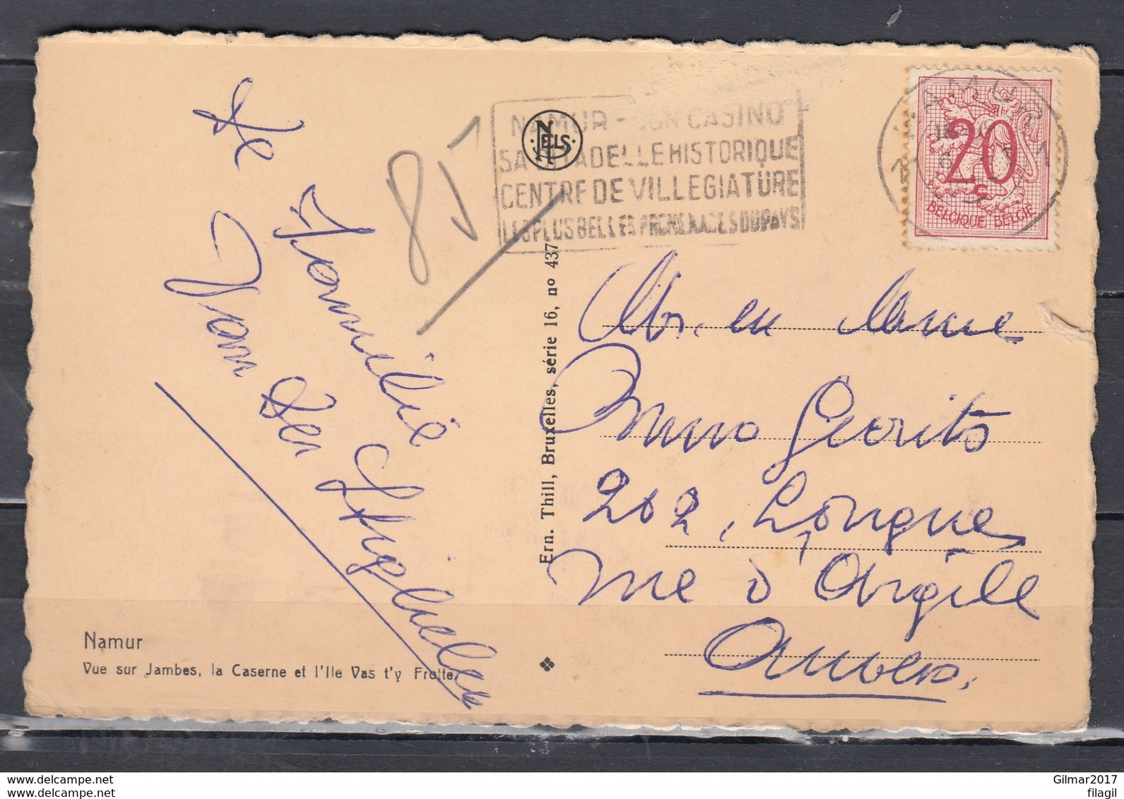 Postkaart Van Namur Naar Anvers Met Stempel Namur Casino Sa Citadelle Historique Centre De Villegiature - 1951-1975 Lion Héraldique