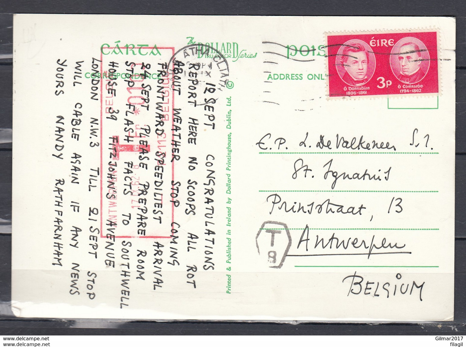 Postkaart Van Ierland Naar Antwerpen Getaksseerd In Antwerpen - Cartas & Documentos