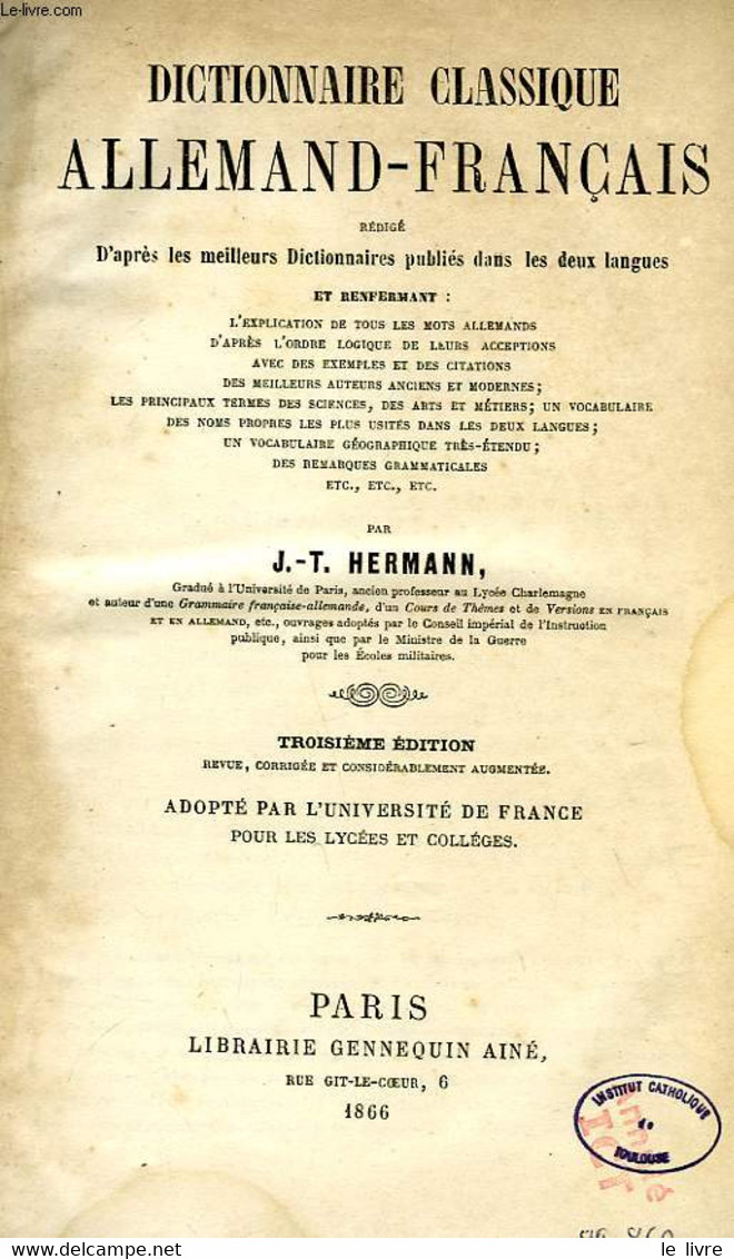 DICTIONNAIRE CLASSIQUE ALLEMAND-FRANCAIS - HERMANN J.-T. - 1866 - Atlanten