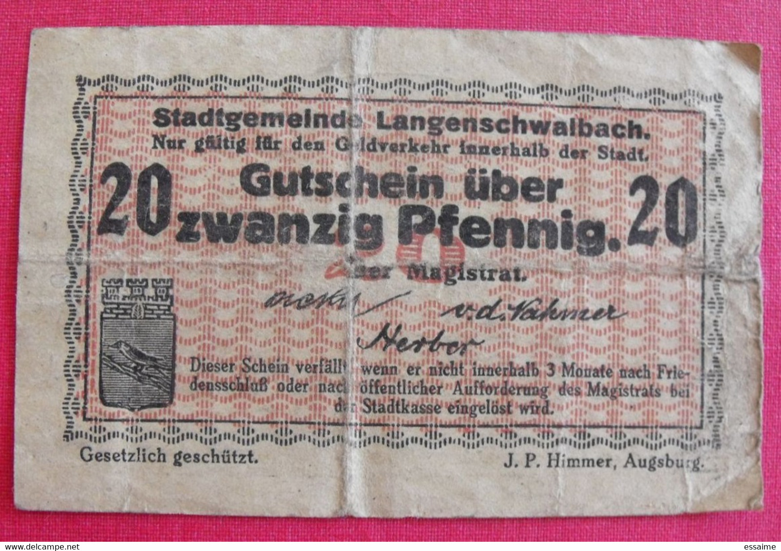 Allemagne. 20 Zwanzig Pfennig. Stadtgemeinde Langenschwalbach. J.P Himmer Augsburg - A Identifier