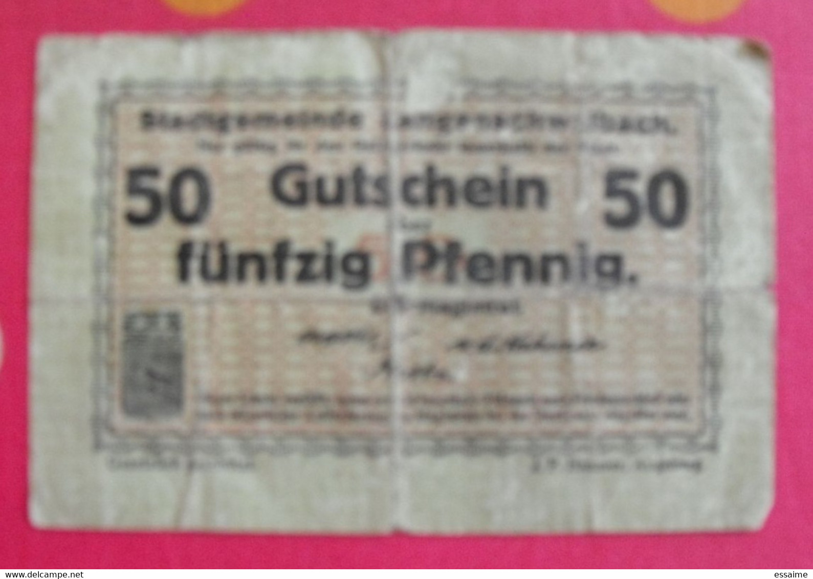 Allemagne. 50 Fünfzig Pfennig. Stadtgemeinde Langenschwalbach. J.P Himmer Augsburg - A Identifier