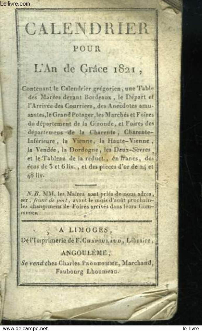 Calendrier Pour L'An De Grâce 1821 - COLLECTIF - 1821 - Agendas & Calendriers