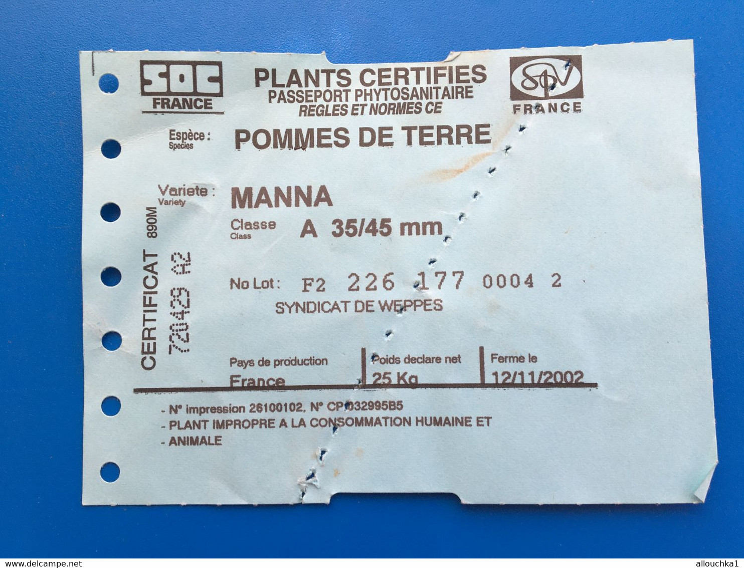 Plants Certifiés 2 étiquettes De Pomme De Terre Nak MANNA Document Commercial Nederland /France Passeport Phytosanitaire - Nederland