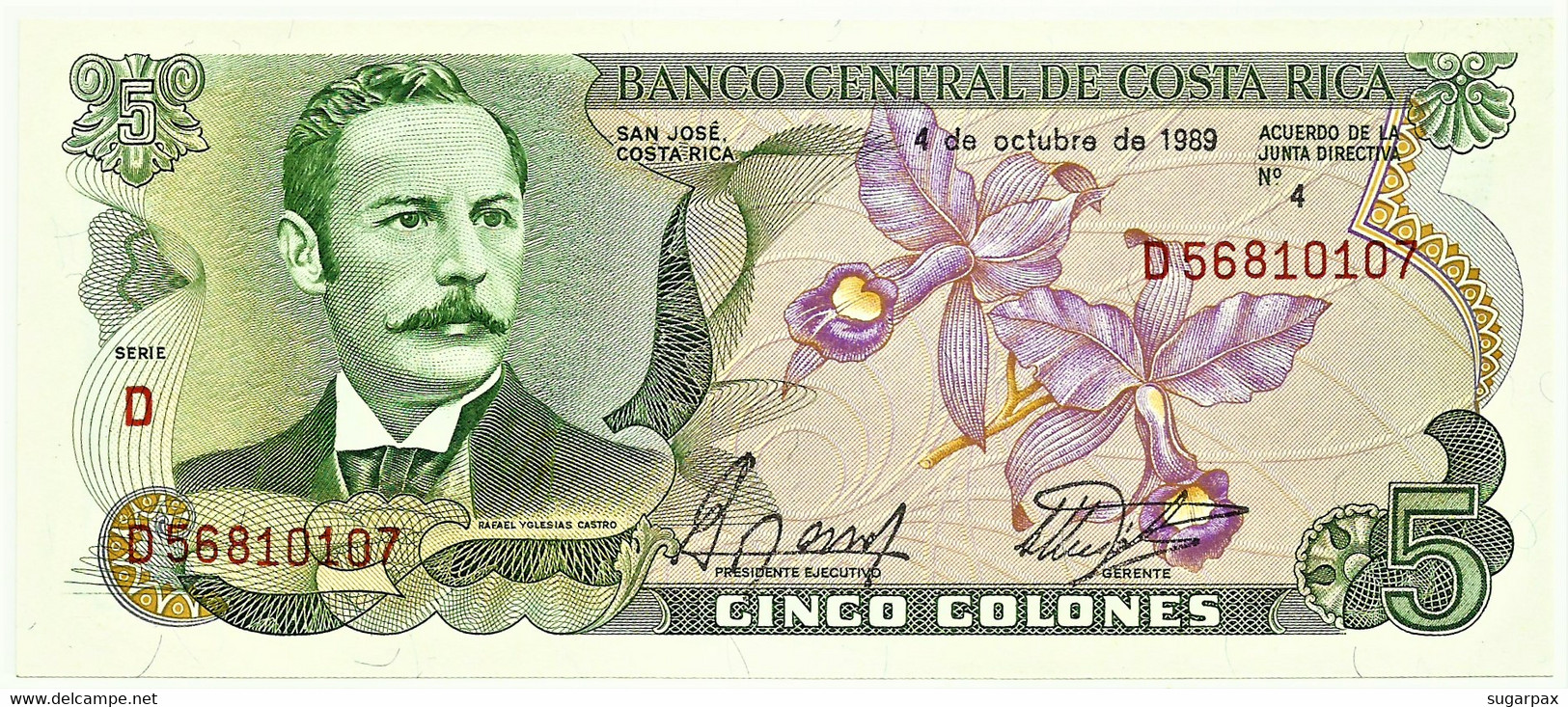 Costa Rica - 5 Colones - 4.10.1989 - Pick 236.d - Unc. - VERY BEAUTIFUL - Rafael Yglesias Castro - Costa Rica