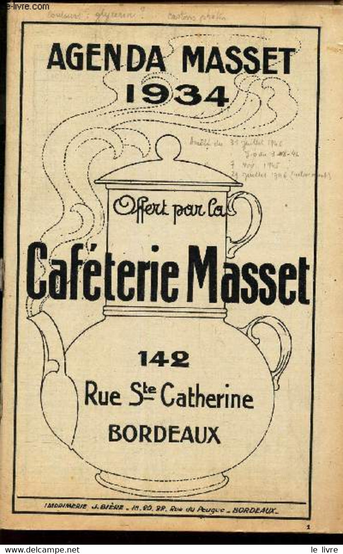 AGENDA MASSET 1934 - OFFERT PAR LA CAFETERIE MASSET - COLLECTIF - 1934 - Agende Non Usate