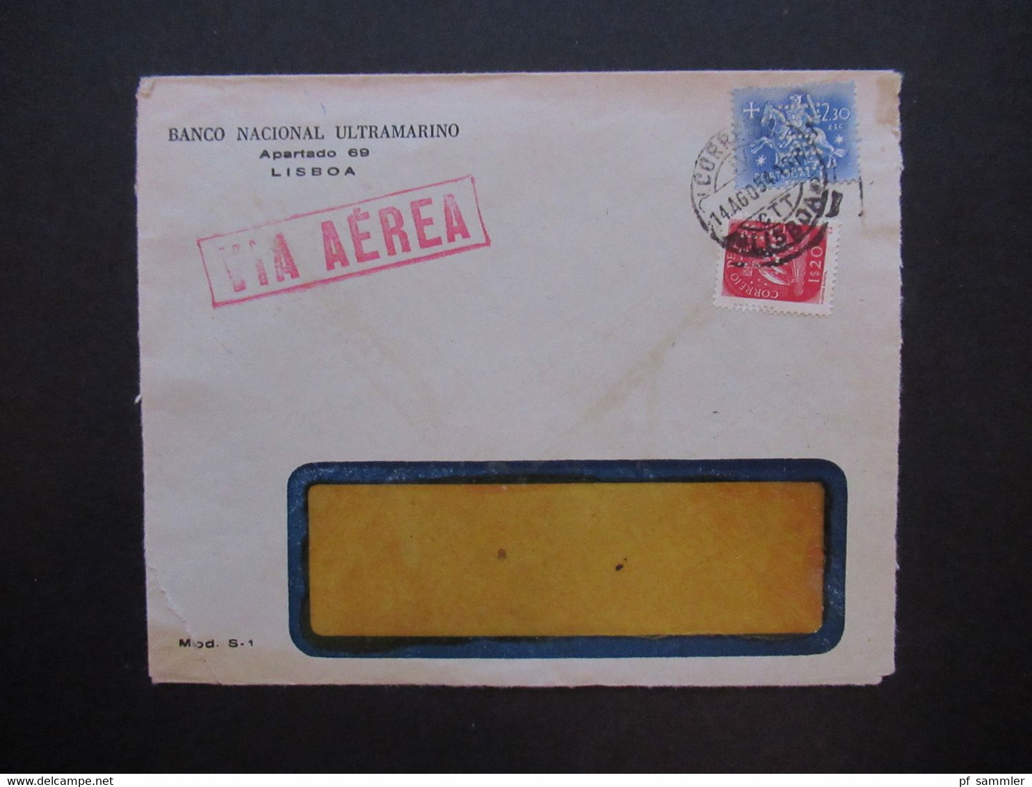 Portugal 1954 Via Aerea/Luftpost Firmenumschlag Banco Nacional Ultramarino Lisboa Marken Mit Perfin / Firmenlochung BNU - Storia Postale