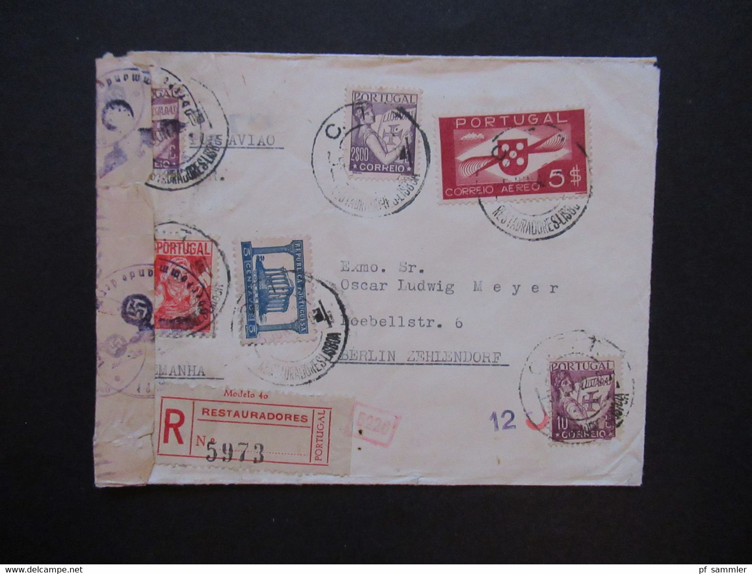 Portugal 1942 Zensurbeleg OKW Mehrfachzensur Einschreiben Lisboa - Berlin Mit Luftpost / Flugpostmarke Nr. 594 MiF - Storia Postale