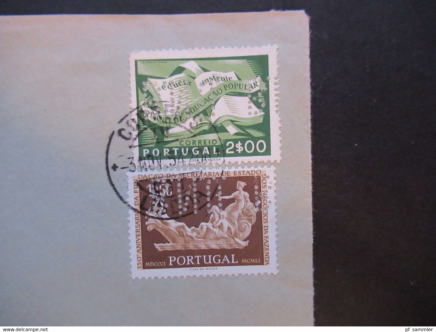 Portugal 1954 Via Aerea/Luftpost Firmenumschlag Banco Nacional Ultramarino Lisboa Marken Mit Perfin / Firmenlochung BNU - Covers & Documents