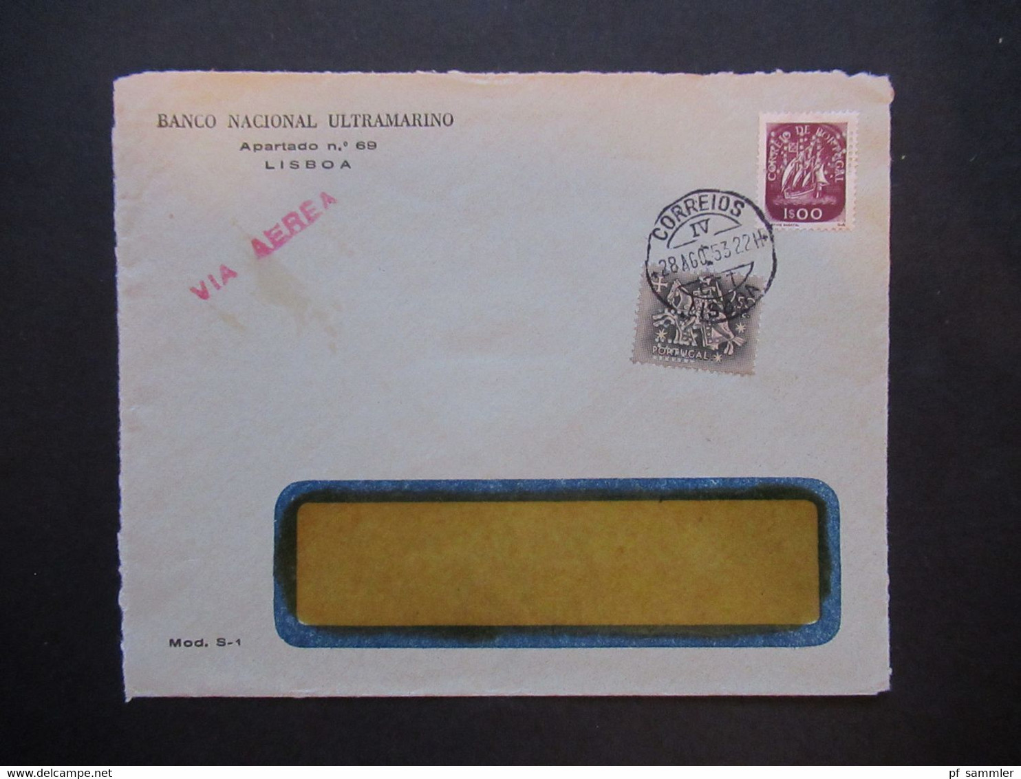 Portugal 1953 Via Aerea/Luftpost Firmenumschlag Banco Nacional Ultramarino Lisboa Marken Mit Perfin / Firmenlochung BNU - Brieven En Documenten