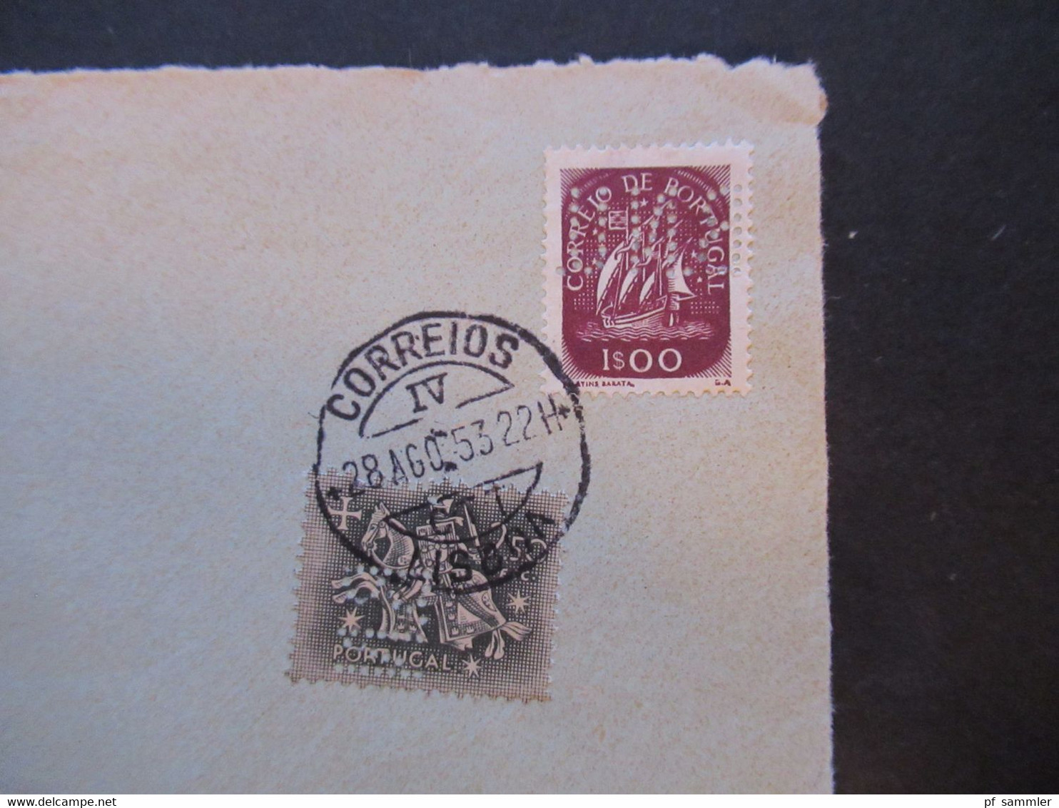 Portugal 1953 Via Aerea/Luftpost Firmenumschlag Banco Nacional Ultramarino Lisboa Marken Mit Perfin / Firmenlochung BNU - Brieven En Documenten