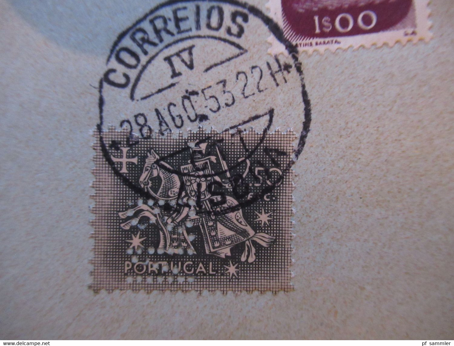 Portugal 1953 Via Aerea/Luftpost Firmenumschlag Banco Nacional Ultramarino Lisboa Marken Mit Perfin / Firmenlochung BNU - Briefe U. Dokumente