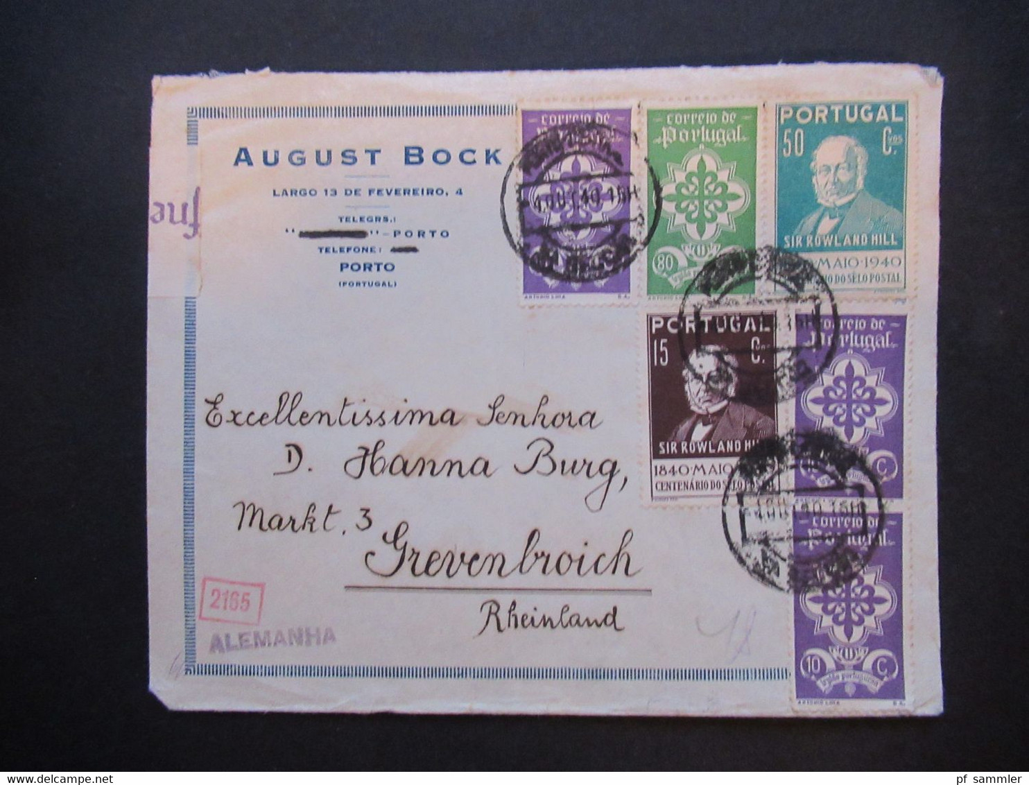 Portugal 1940 Zensurbeleg OKW Mehrfachzensur Umschlag August Bock Porto - Grevenbroich Marken Sir Rowland Hill Nr. 626 - Cartas & Documentos