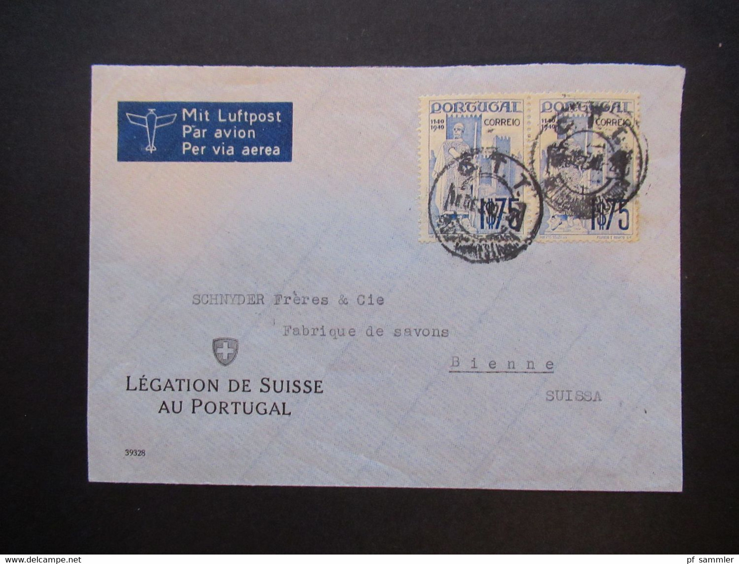 Portugal 1940  Ausstellung Portugiesische Welt Nr. 621 (2) MeF Luftpost Umschlag Der Legacion De Suisse Au Portugal - Storia Postale