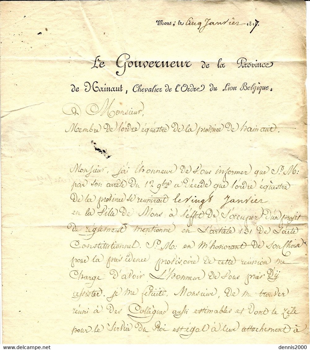 1817- Lettre De BERGEN ( Mons ) Du Gouverneur De La Province Du Hainaut Pour Ath -signée Par Le Gouverneur - 1815-1830 (Période Hollandaise)