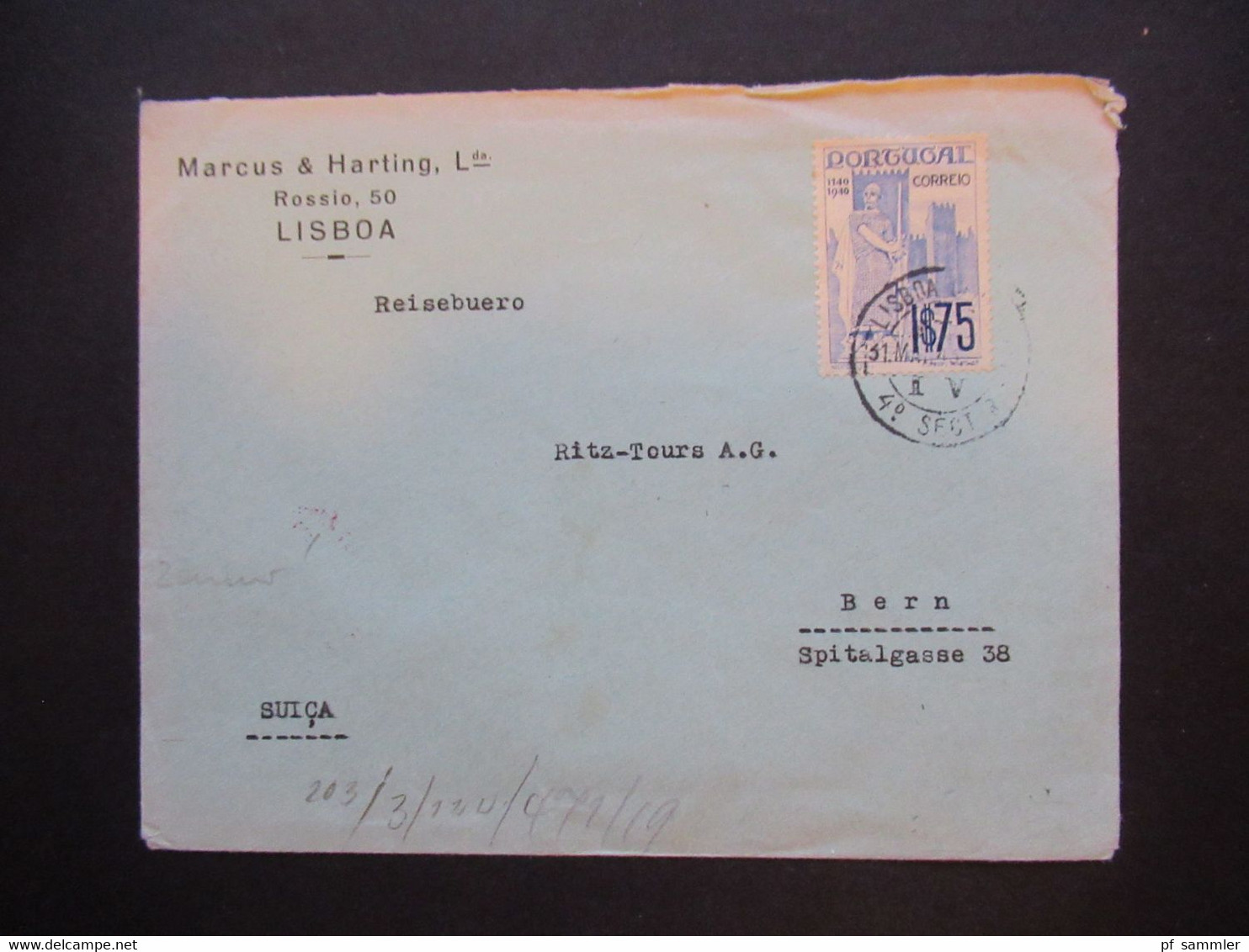 Portugal 1940 Zensurbeleg OKW Mehrfachzensur Geöffnet U.roter Stempel Buchstabe X Umschlag Marcus & Harting Lisboa -Bern - Storia Postale