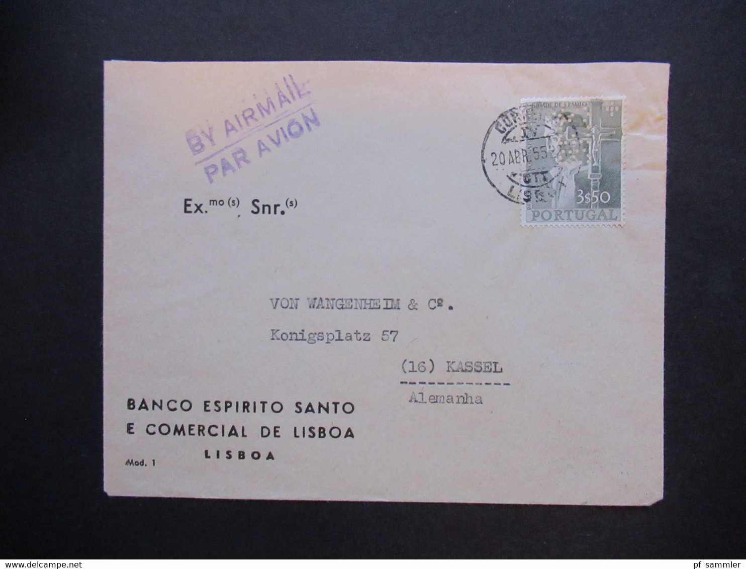 Portugal 1955 Firmenlochung / Perfin BES Umschlag Banco Espirito Santo Lisboa Gründung Sao Paulo Nr. 833 EF - Cartas & Documentos