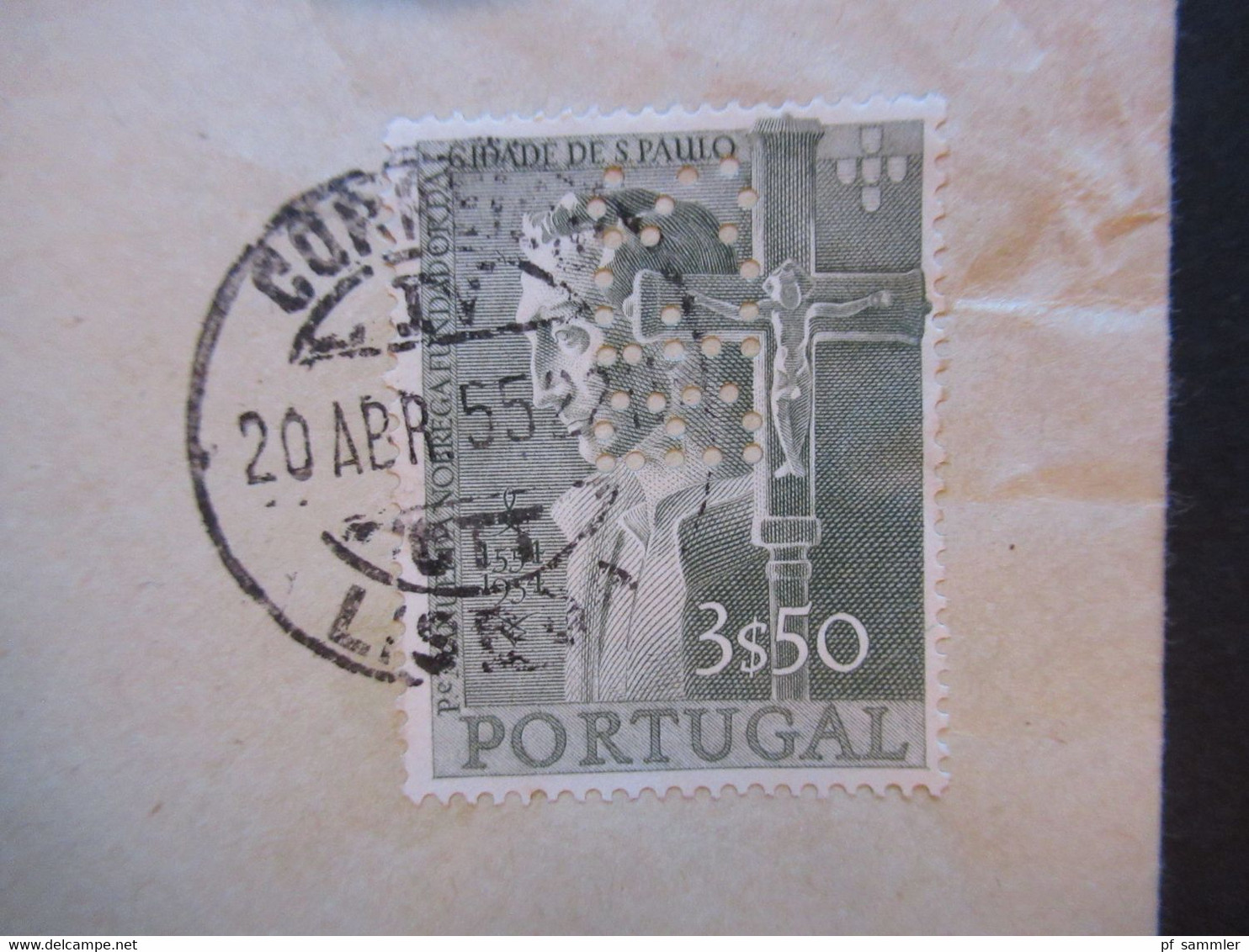 Portugal 1955 Firmenlochung / Perfin BES Umschlag Banco Espirito Santo Lisboa Gründung Sao Paulo Nr. 833 EF - Briefe U. Dokumente