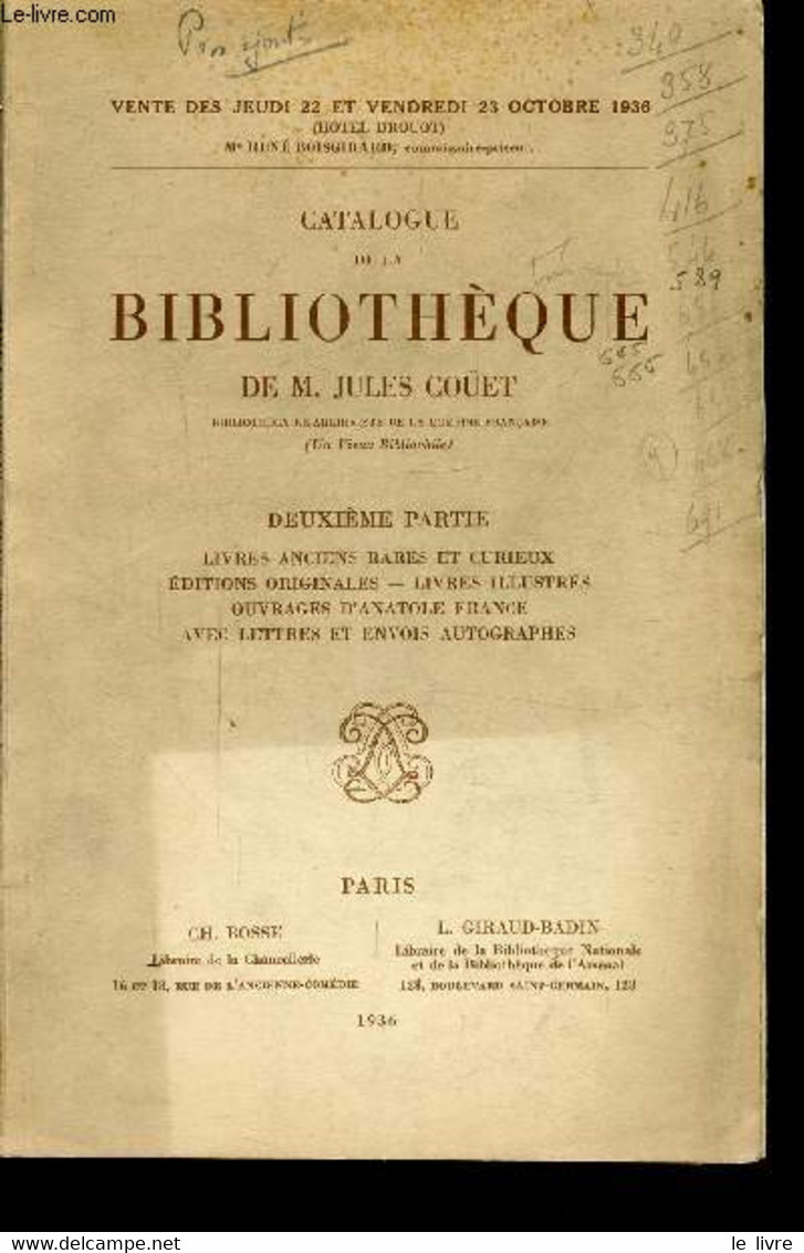 CATALOGUE DE LA BIBLIOTHEQUE DE FEU DE M. JULES COÜET - DEUXIEME PARTIE - LIVRES ANCIENS RARES ET CURIEUX - EDITIONS ORI - Agendas & Calendarios