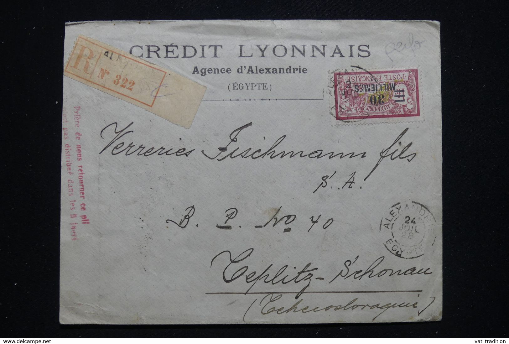 ALEXANDRIE - Enveloppe Commerciale En Recommandé De Alexandrie Pour La Tchécoslovaquie En 1928 - L 92695 - Brieven En Documenten