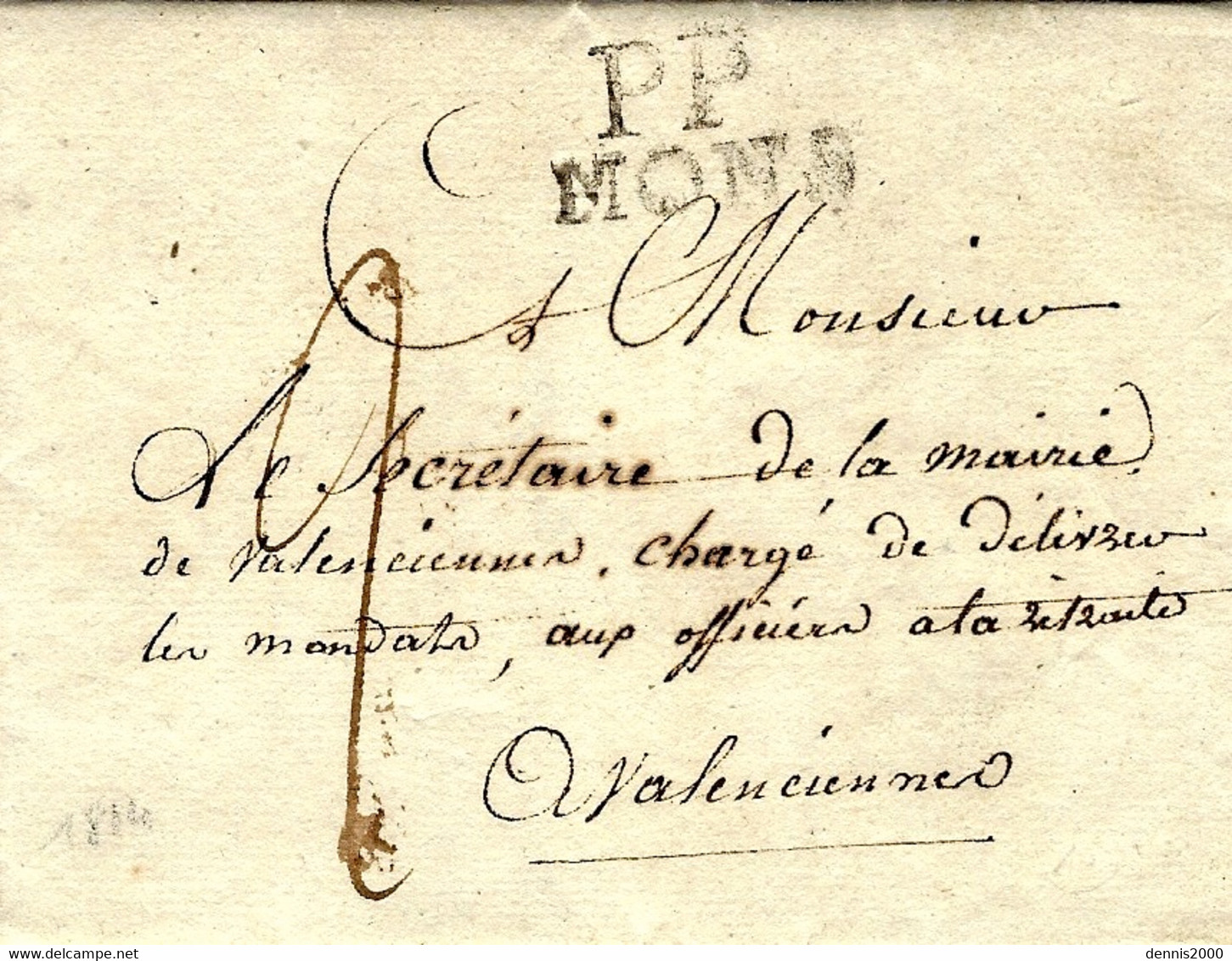 Novembre 1814 -  Lettre De PP / MONS  Pour Valenciennes - Taxe 2 à Percevoir Et Taxe 2 Au Dos- - 1814-1815 (Gouv. Général De La Belgique)