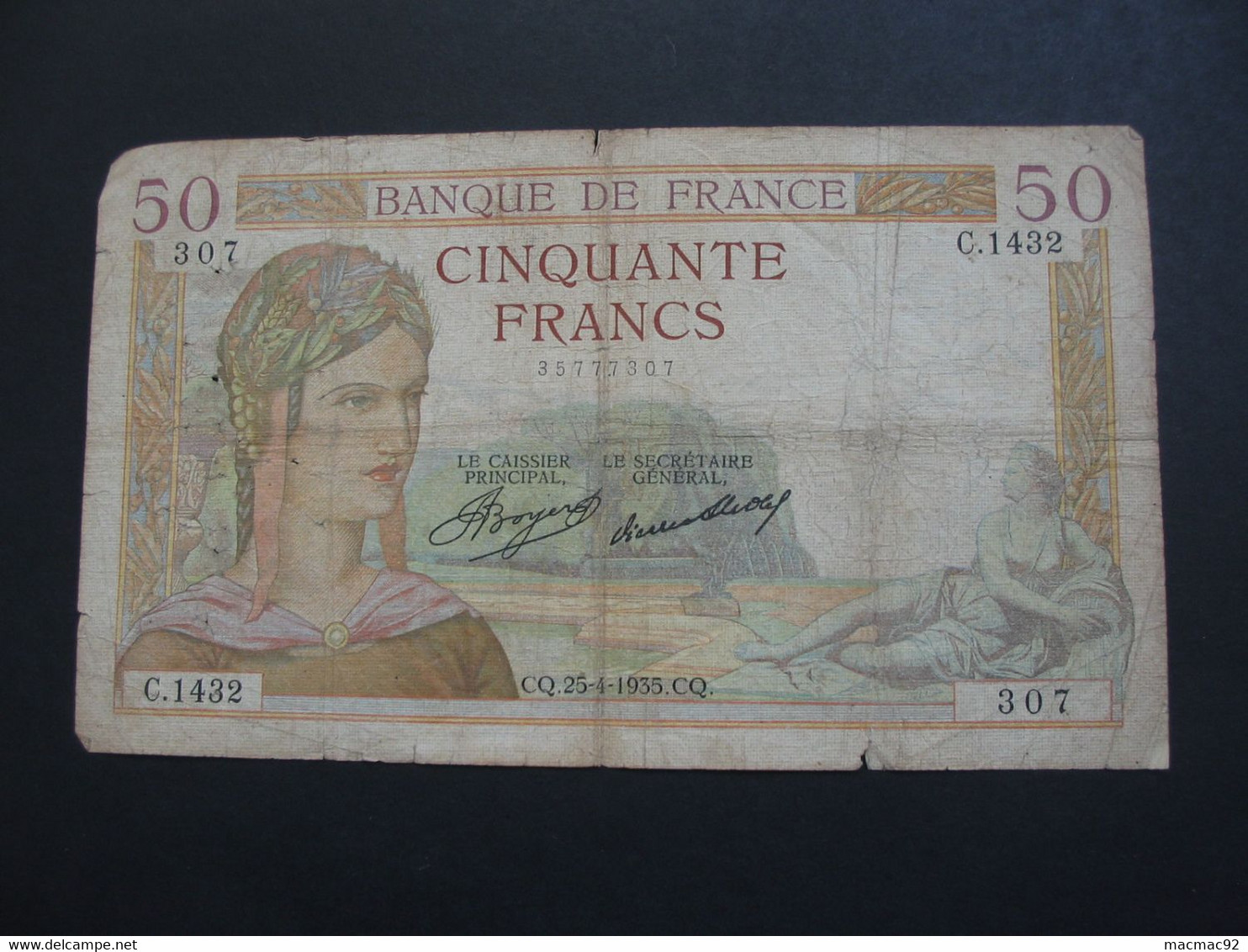 50 Cinquante Francs - CERES- 25-4-1935 - Année Peu Courante    **** EN ACHAT IMMEDIAT **** - 50 F 1934-1940 ''Cérès''