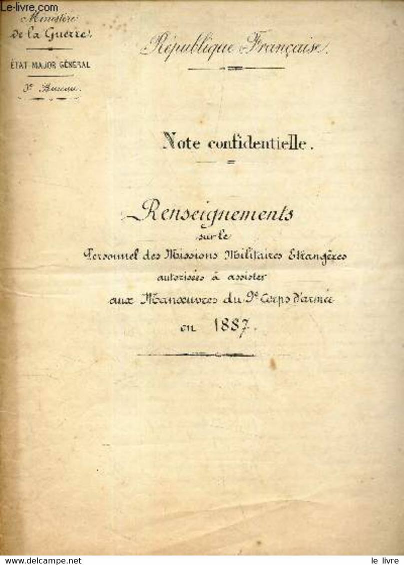 NOTE CONFIDENTIELLE - RENSEIGNEMENTS Sur Le Personnel Des Missions Militaires Etrangeres Autorisées à Assister Aux Manoe - Français