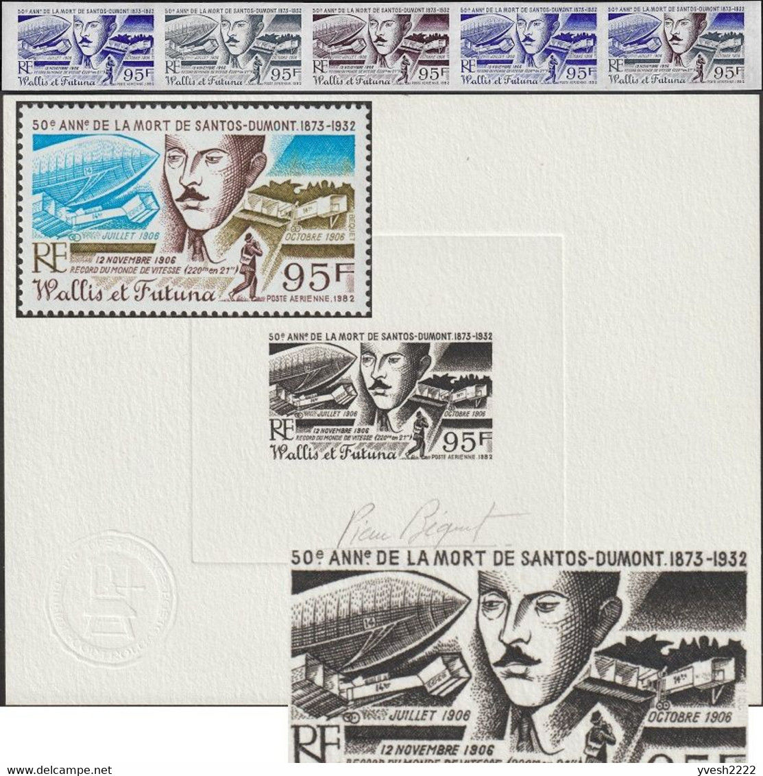 Wallis & Futuna 1982 Y&T PA 117. Épreuve D'artiste, Bande D'essais De Couleurs. Santos Dumont, Erreur Sur Timbre Seconde - Oddities On Stamps