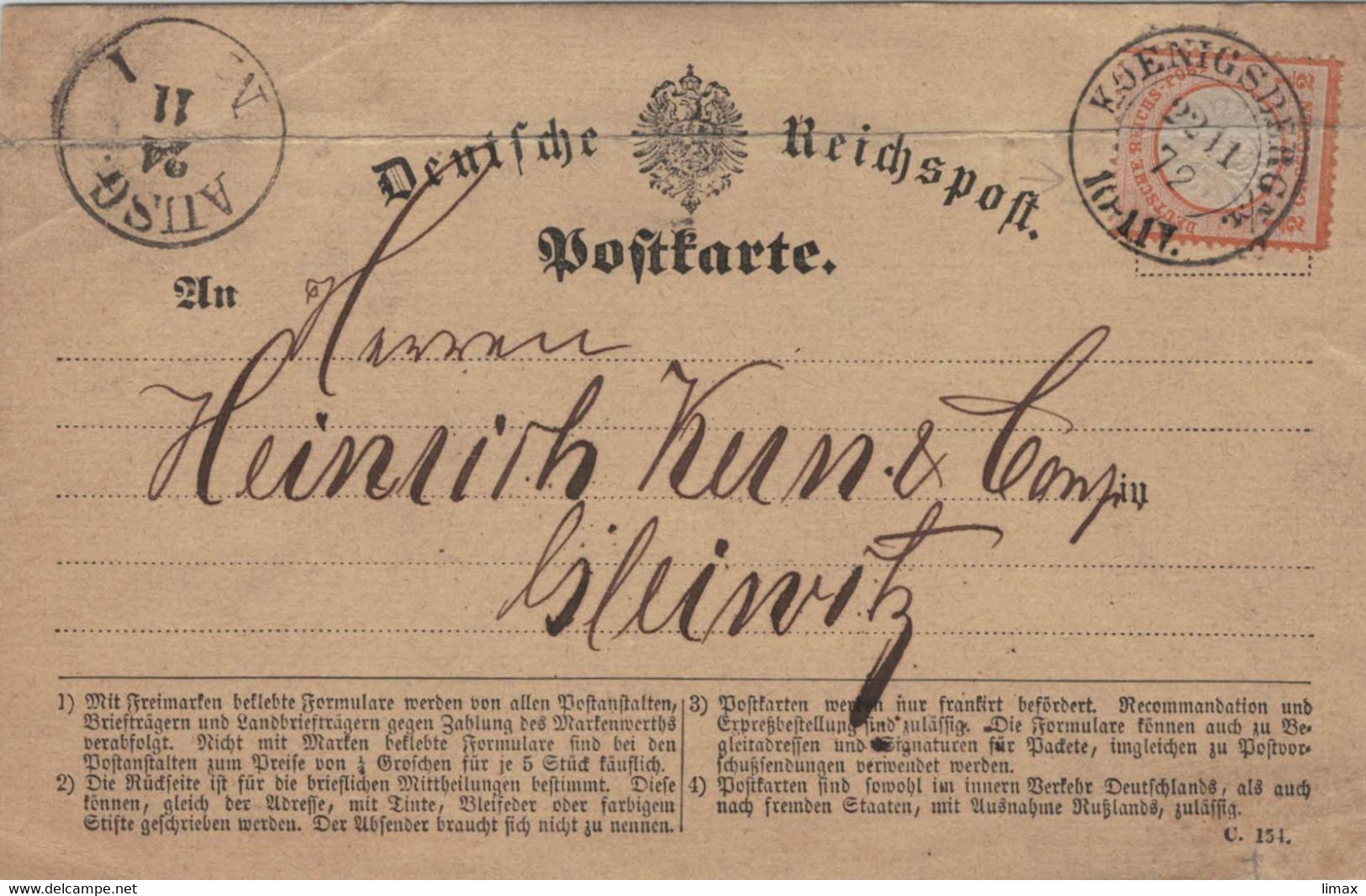 Königsberg 1872 > Heinrich Kern Gleiwitz [Drahtwerk Teilhaber Oscar Caro ✡] !! Oben Knick !! - Lettres & Documents