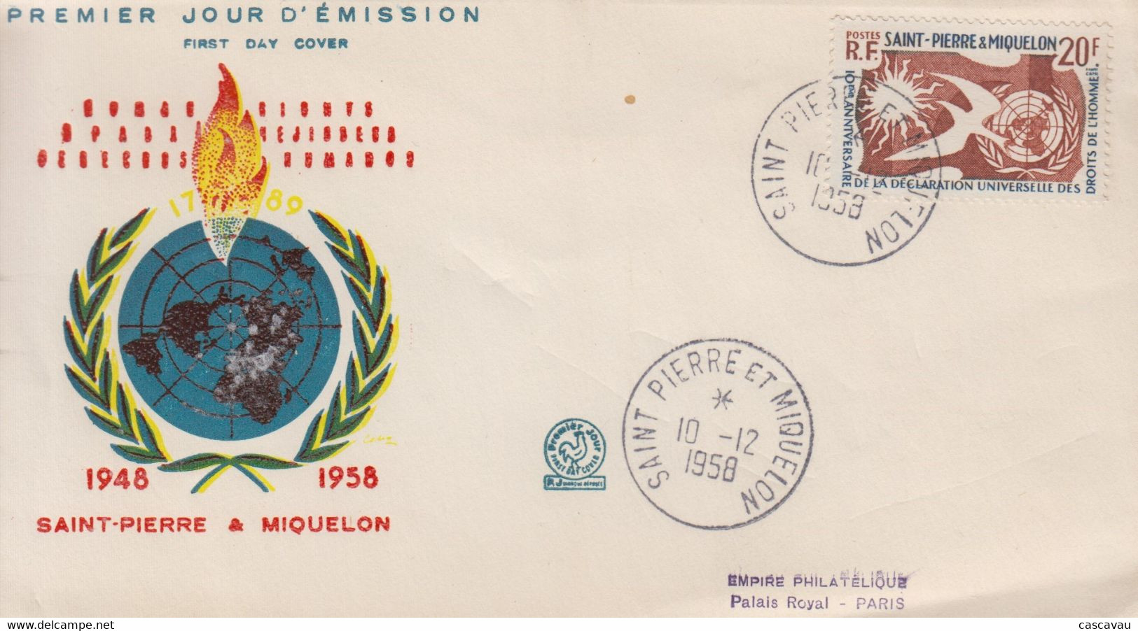 Enveloppe  FDC  1er  Jour  SAINT  PIERRE  ET  MIQUELON    10éme  Anniversaire  Déclaration  DROITS  DE  L' HOMME    1958 - FDC