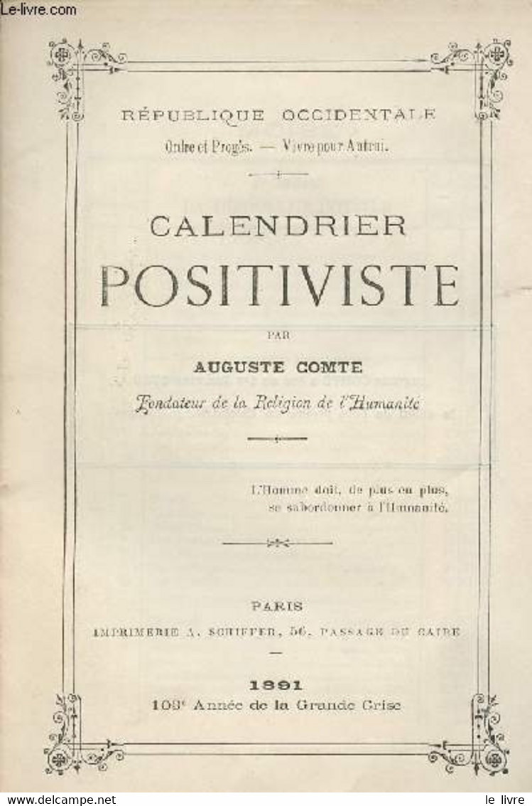 Calendrier Positiviste - Comte Auguste - 1891 - Agendas