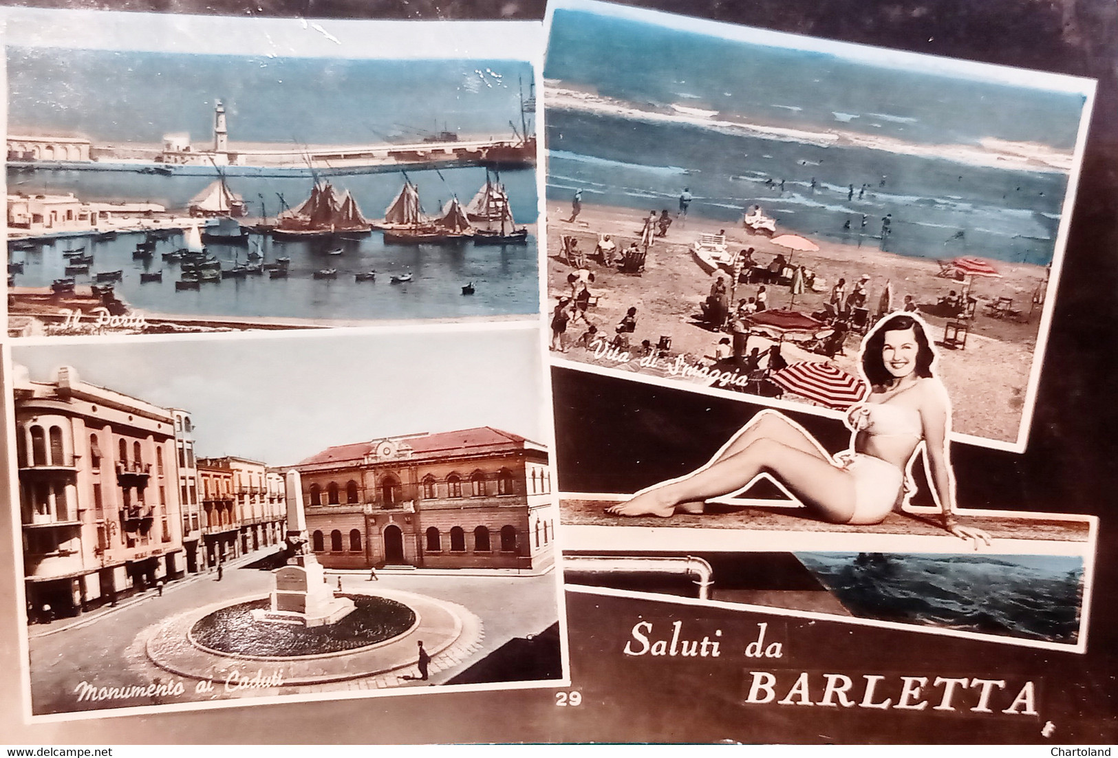 Cartolina - Saluti Da Barletta - Monumento Ai Caduti - Il Porto - Spiaggia 1955 - Bari