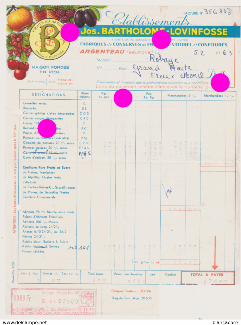 Agriculture & Alimentation BARTHOLOME LOVINFOSSE ARGENTEAU Visé Fabrique De Confitures De Fruits Et Sirops - Alimentare
